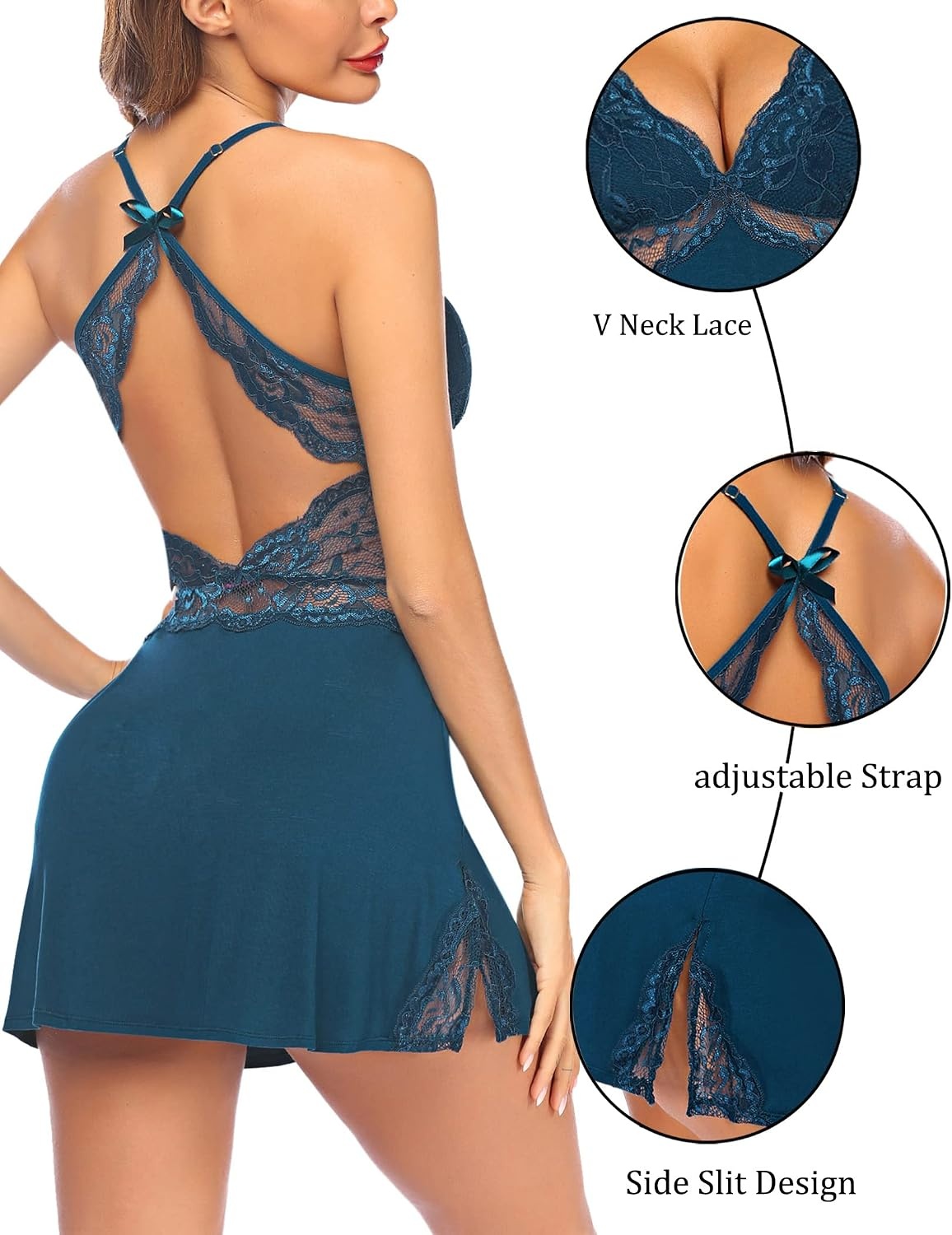 image:imageAvidlove Women Lingerie Modal Lace Side Slit Chemise Sleepwear Babydoll Teddy LingerieAindigo Blue