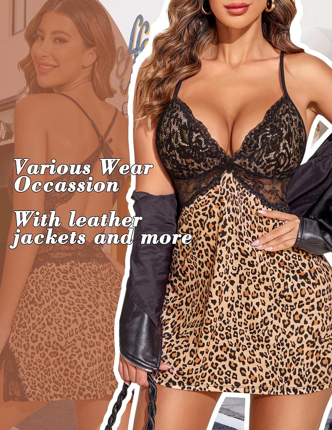 image:imageAvidlove Women Lingerie Modal Lace Side Slit Chemise Sleepwear Babydoll Teddy LingerieCleopard Print