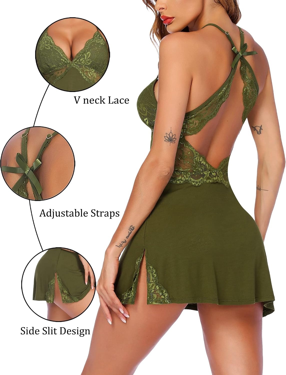 image:imageAvidlove Women Lingerie Modal Lace Side Slit Chemise Sleepwear Babydoll Teddy LingerieJungle Green