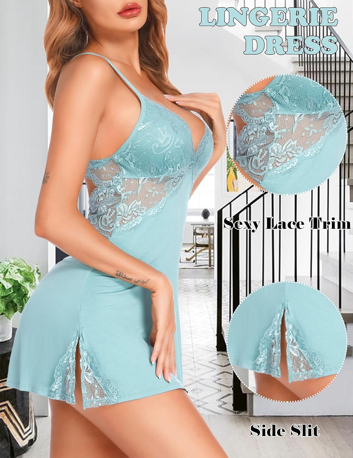 image:imageAvidlove Women Lingerie Modal Lace Side Slit Chemise Sleepwear Babydoll Teddy LingerieOcean Green