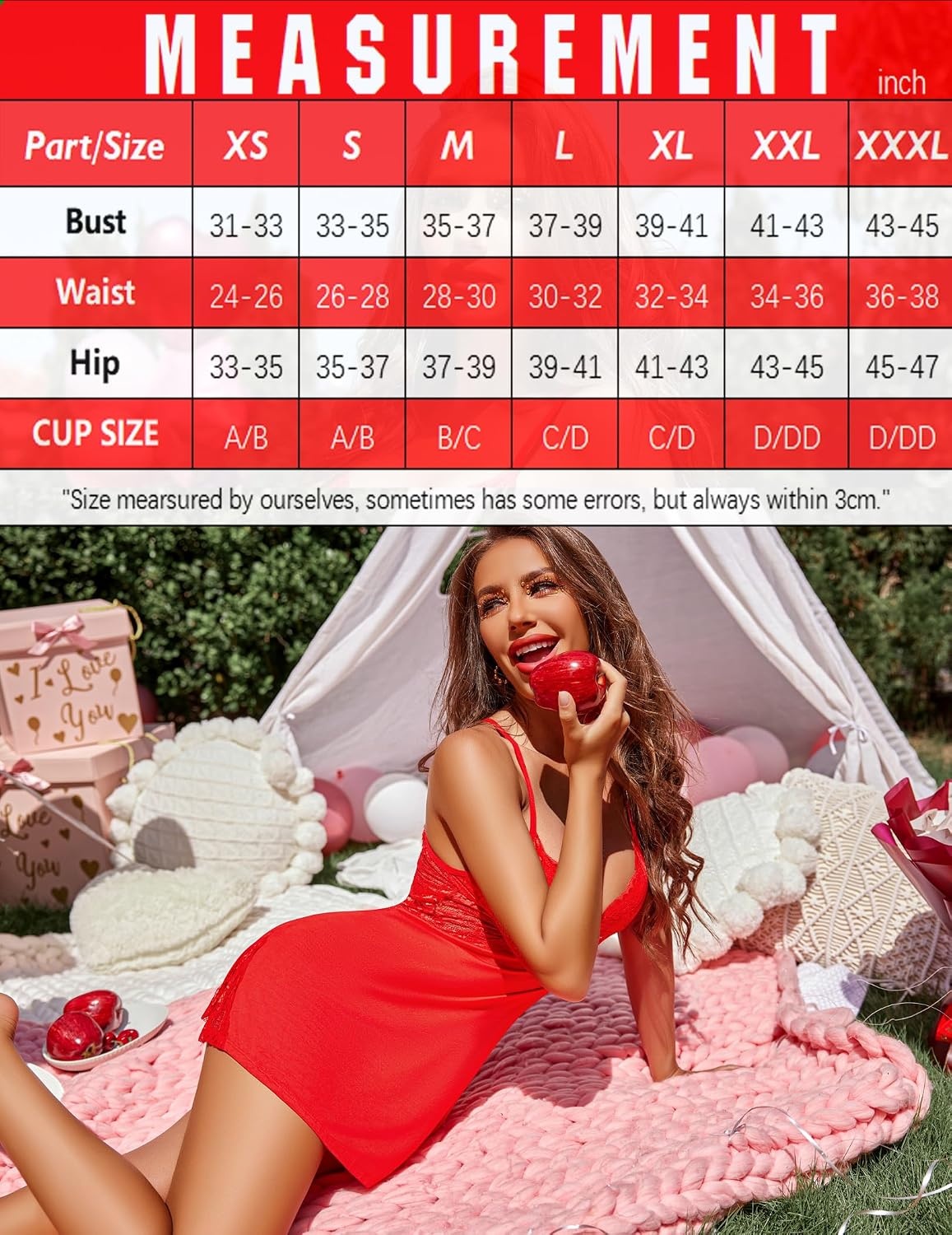 image:imageAvidlove Women Lingerie Modal Lace Side Slit Chemise Sleepwear Babydoll Teddy LingerieRed