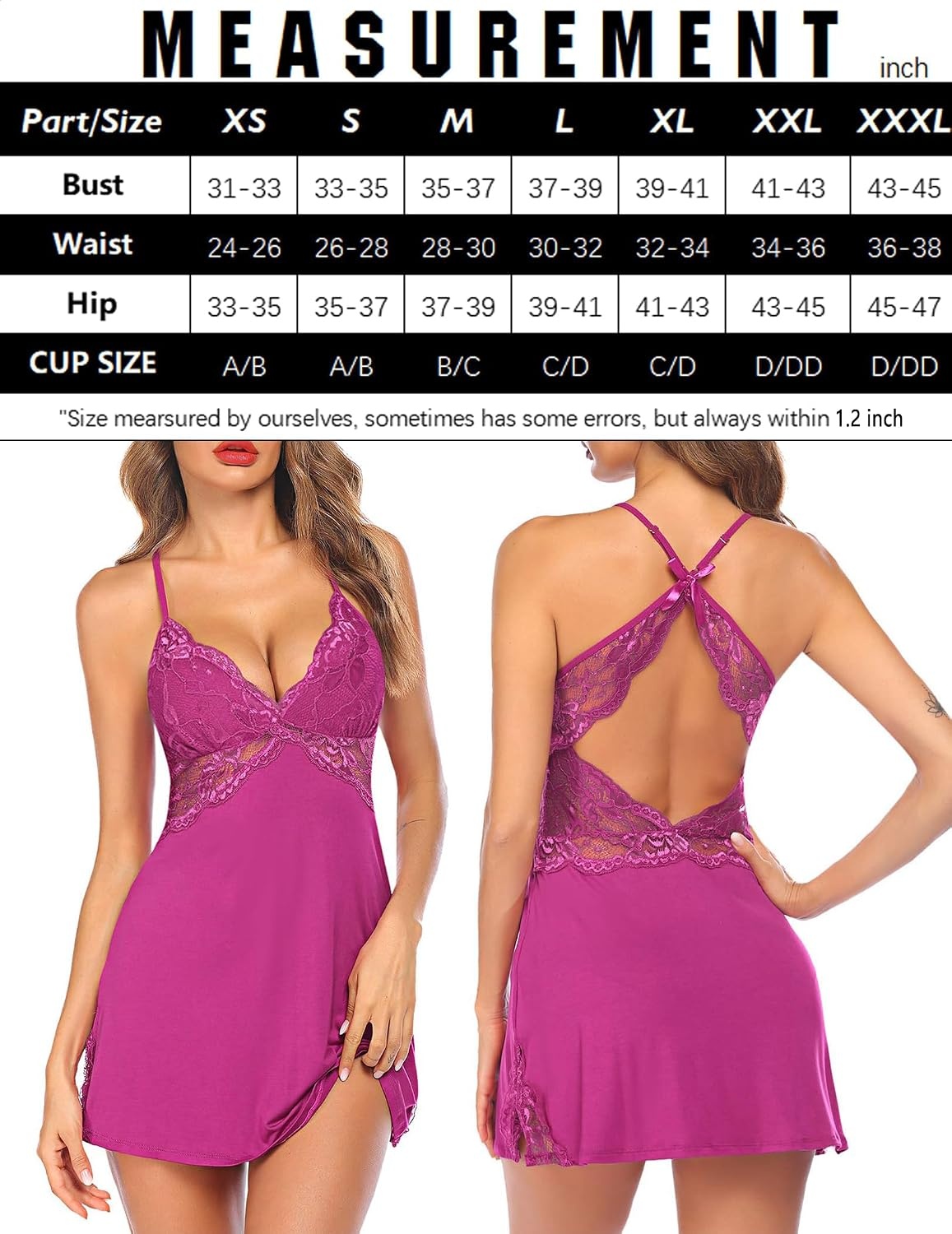 image:imageAvidlove Women Lingerie Modal Lace Side Slit Chemise Sleepwear Babydoll Teddy LingerieRose