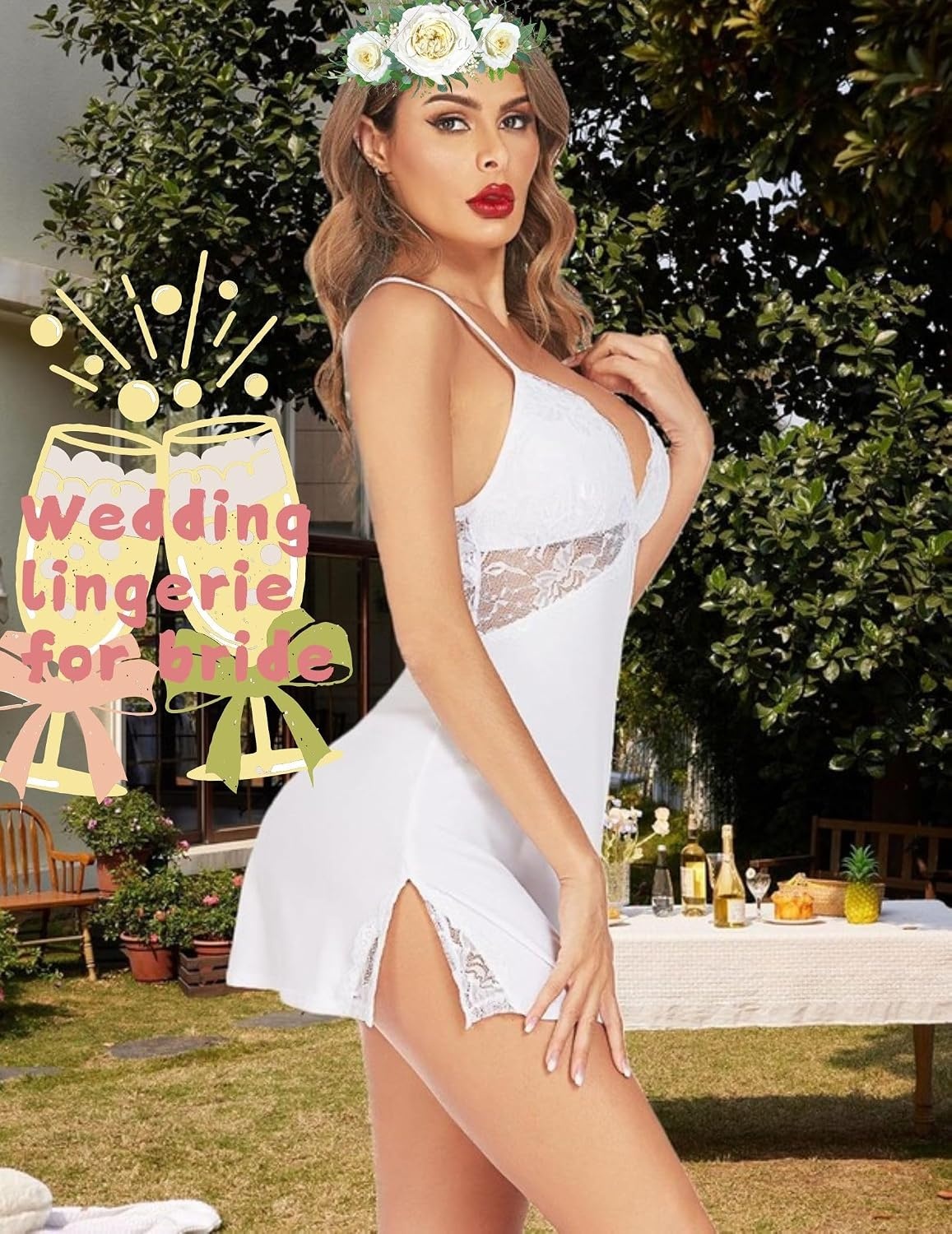 image:imageAvidlove Women Lingerie Modal Lace Side Slit Chemise Sleepwear Babydoll Teddy LingerieWhite