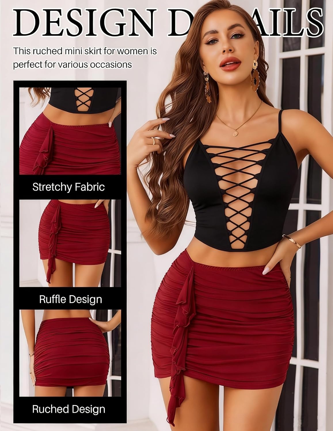 image:imageAvidlove Women Skirt Ruched Bodycon Double Layer Club Casual Mini SkirtWine Red
