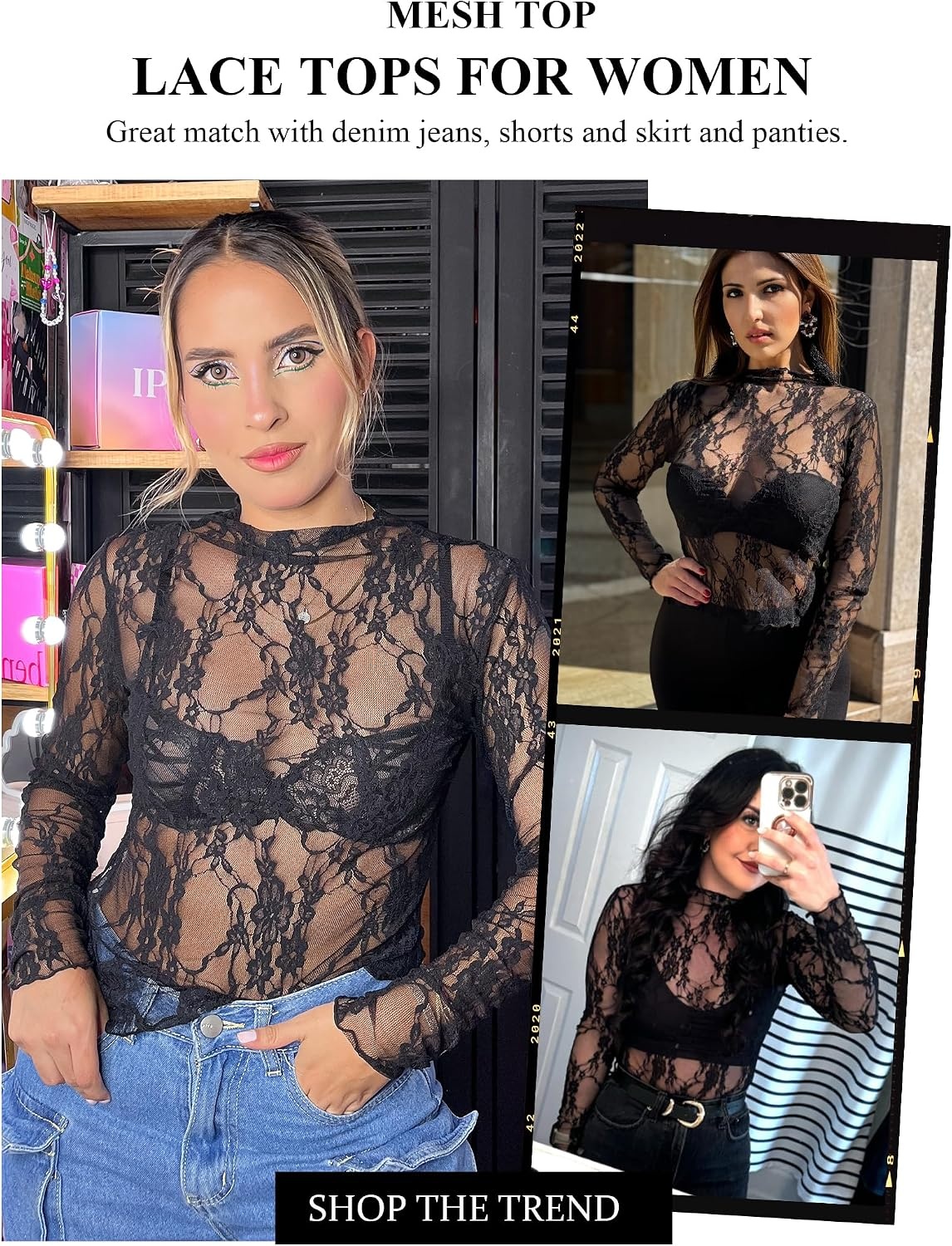 image:imageAvidlove Womens Mesh Top Long Sleeve Mock Neck Sheer Blouse See Through Floral Lace TopsBlack