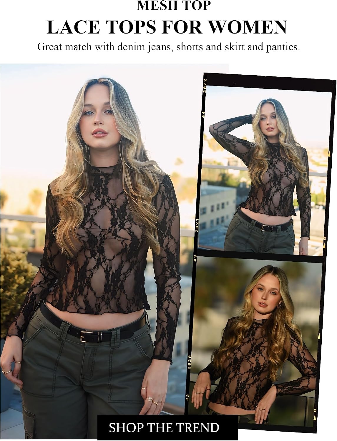 image:imageAvidlove Womens Mesh Top Long Sleeve Mock Neck Sheer Blouse See Through Floral Lace TopsBlack