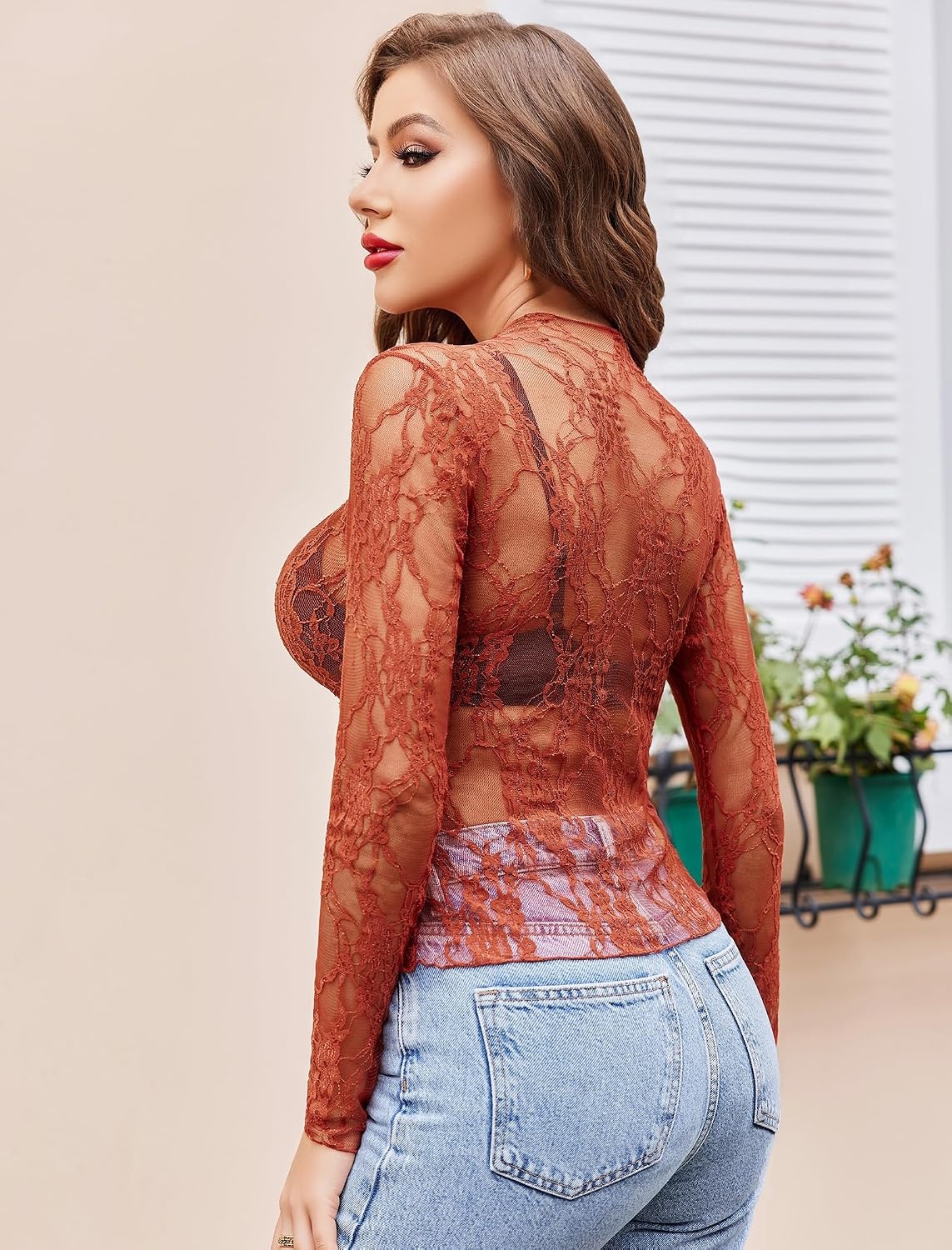 image:imageAvidlove Womens Mesh Top Long Sleeve Mock Neck Sheer Blouse See Through Floral Lace TopsBrown