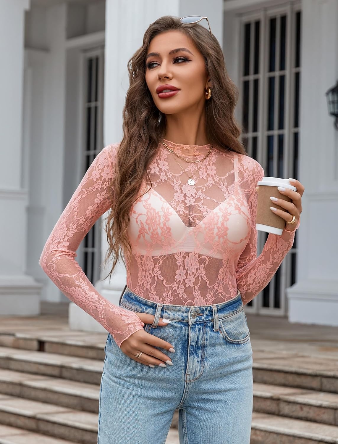 image:imageAvidlove Womens Mesh Top Long Sleeve Mock Neck Sheer Blouse See Through Floral Lace TopsCoral