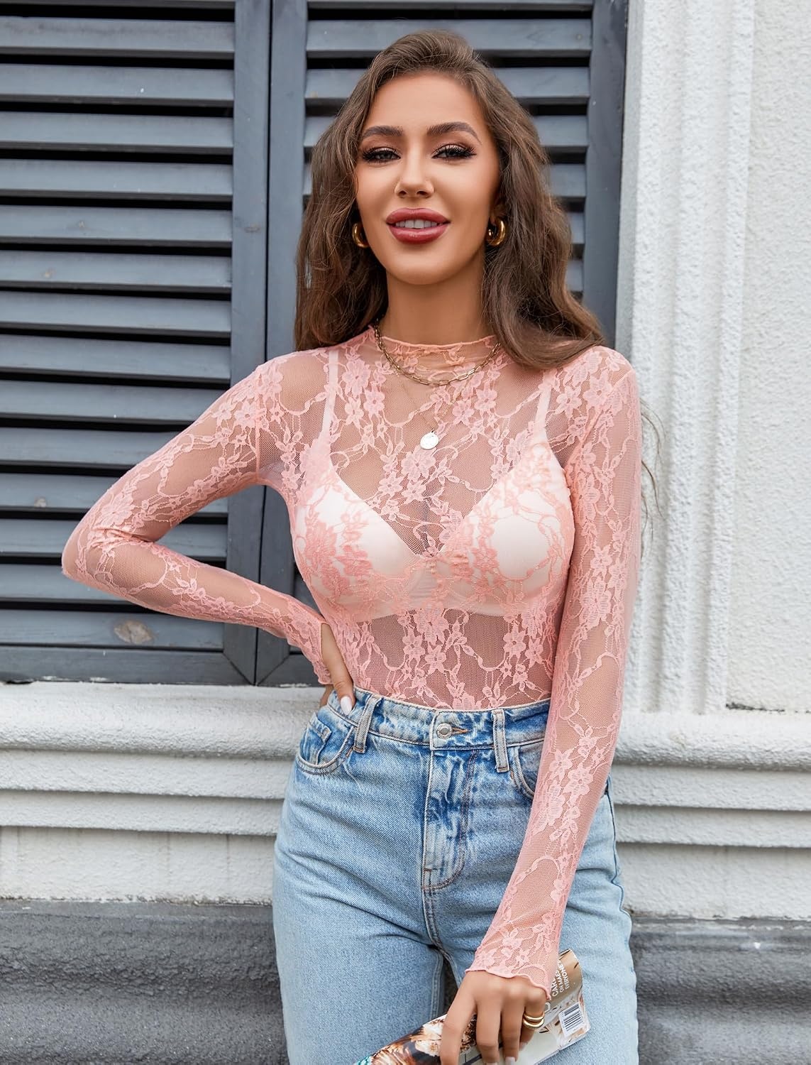 image:imageAvidlove Womens Mesh Top Long Sleeve Mock Neck Sheer Blouse See Through Floral Lace TopsCoral