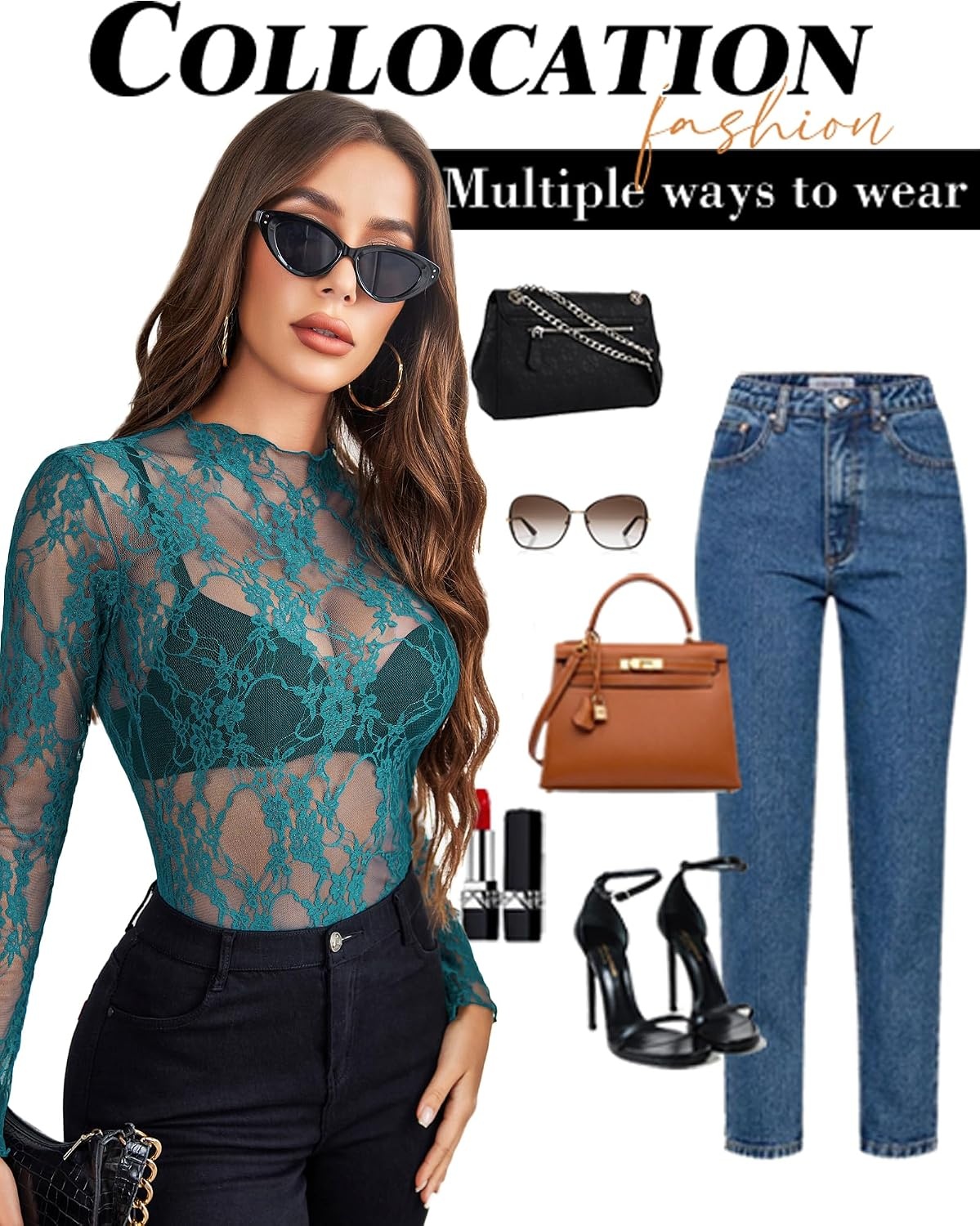 image:imageAvidlove Womens Mesh Top Long Sleeve Mock Neck Sheer Blouse See Through Floral Lace TopsDark Blue