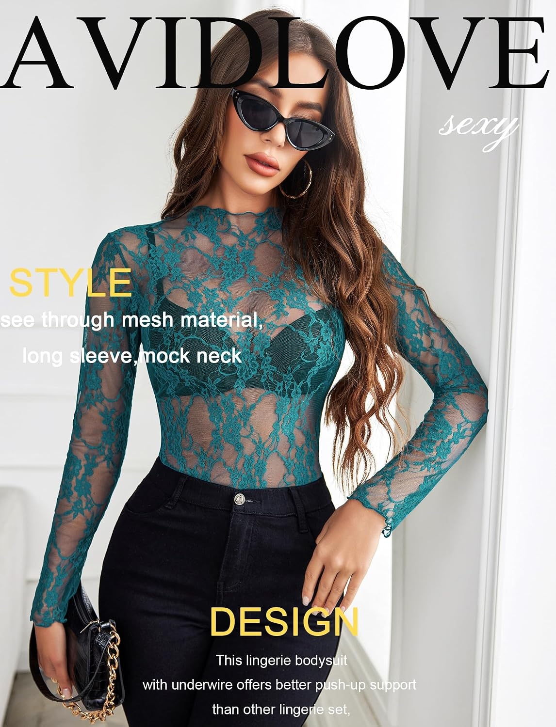 image:imageAvidlove Womens Mesh Top Long Sleeve Mock Neck Sheer Blouse See Through Floral Lace TopsDark Blue