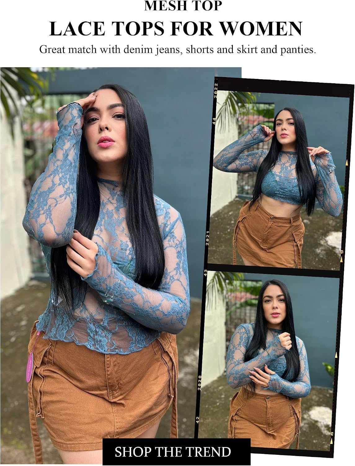 image:imageAvidlove Womens Mesh Top Long Sleeve Mock Neck Sheer Blouse See Through Floral Lace TopsDark Blue