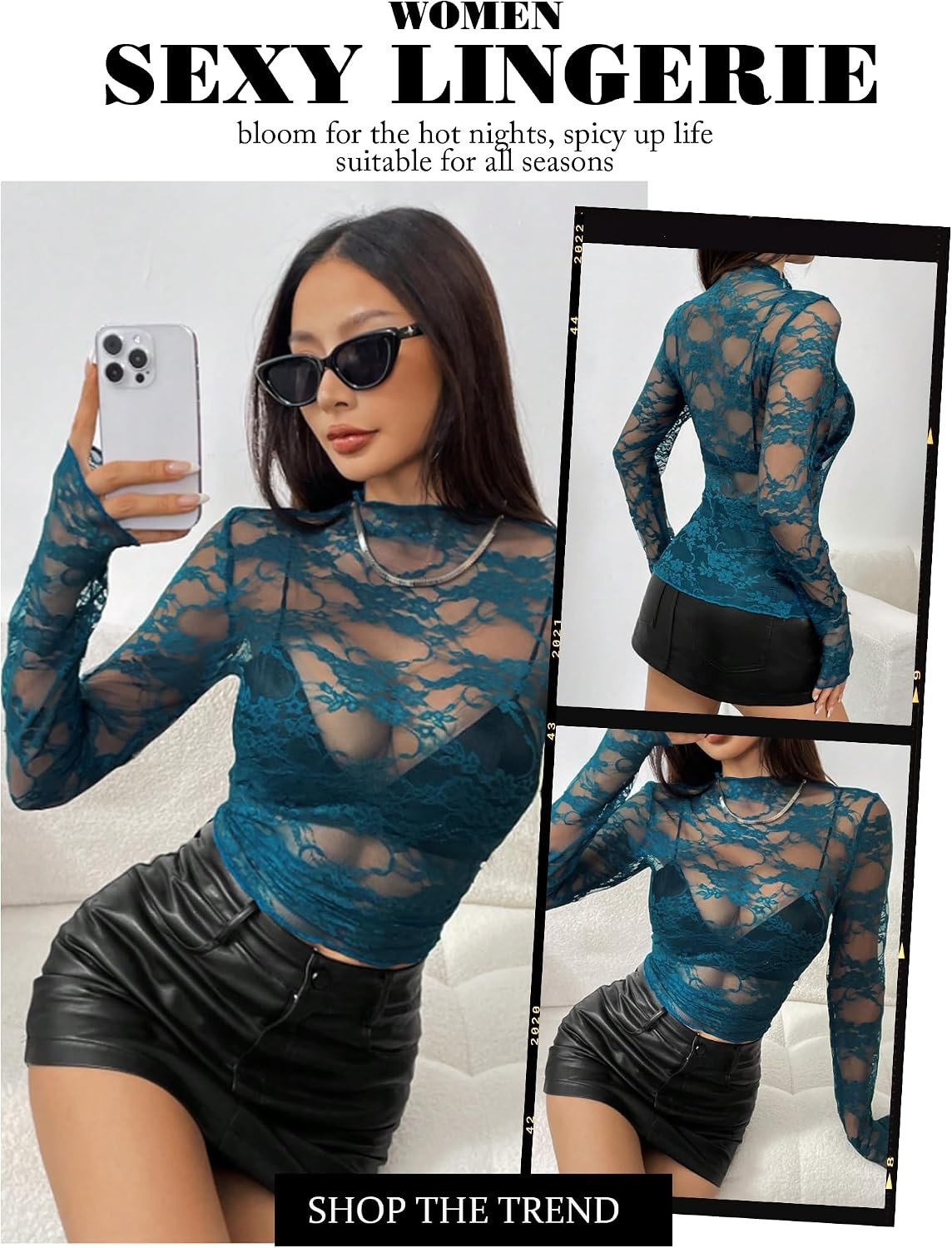 image:imageAvidlove Womens Mesh Top Long Sleeve Mock Neck Sheer Blouse See Through Floral Lace TopsDark Blue