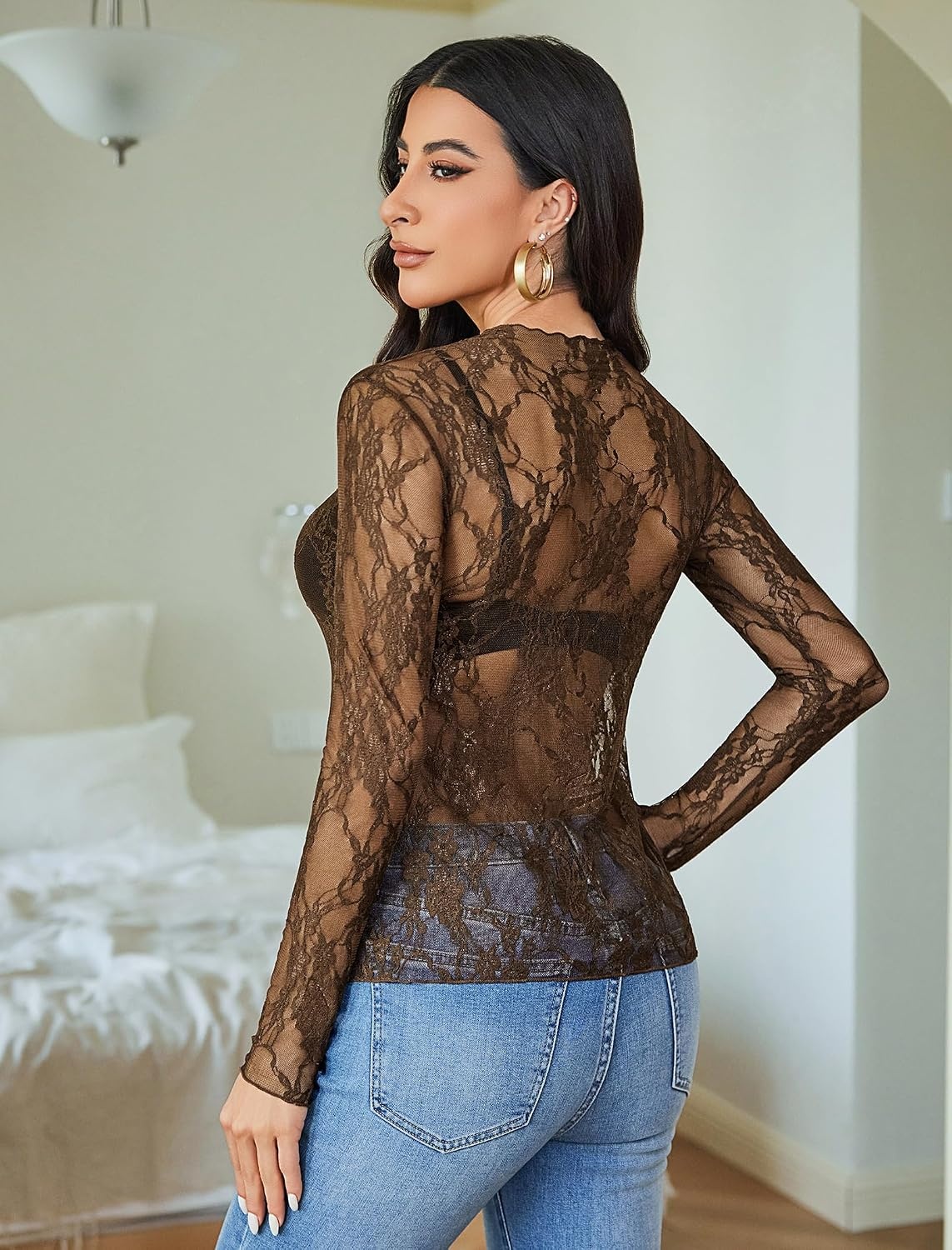 image:imageAvidlove Womens Mesh Top Long Sleeve Mock Neck Sheer Blouse See Through Floral Lace TopsDark Brown