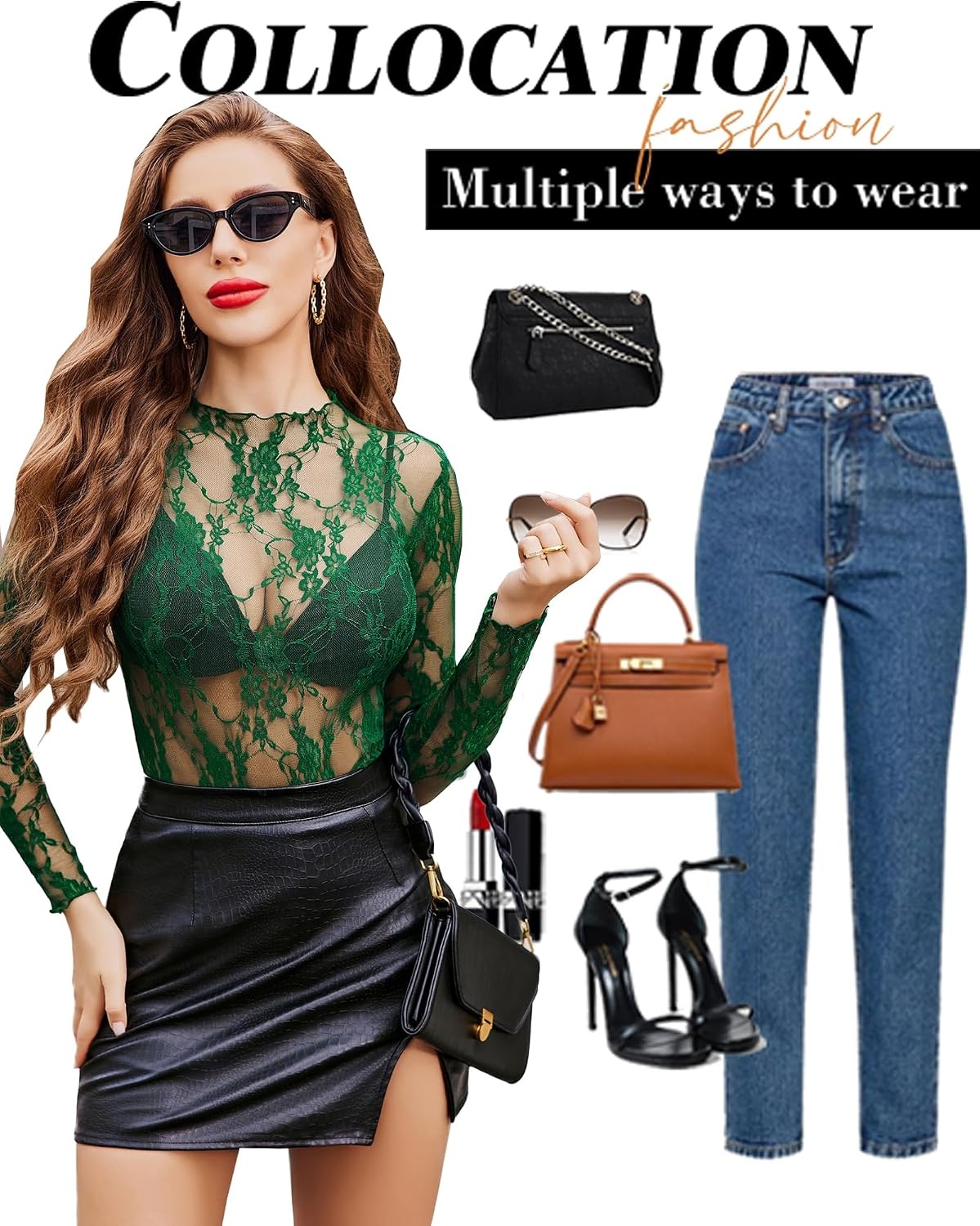 image:imageAvidlove Womens Mesh Top Long Sleeve Mock Neck Sheer Blouse See Through Floral Lace TopsDark Green