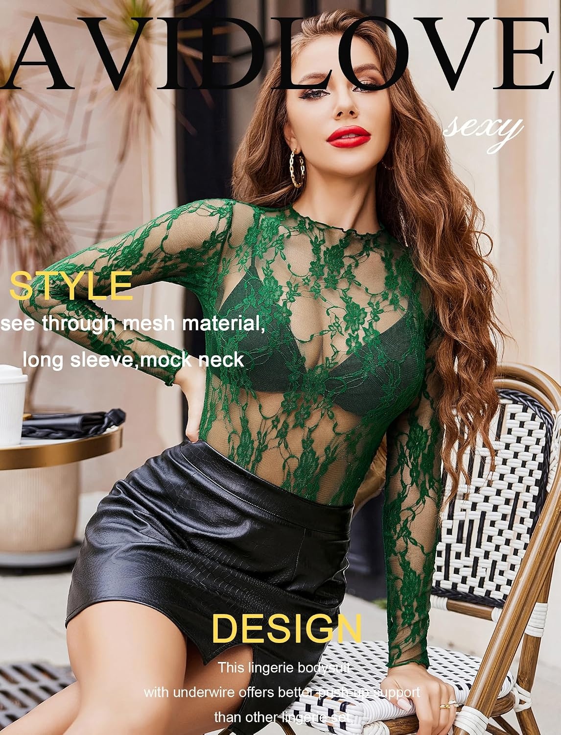 image:imageAvidlove Womens Mesh Top Long Sleeve Mock Neck Sheer Blouse See Through Floral Lace TopsDark Green