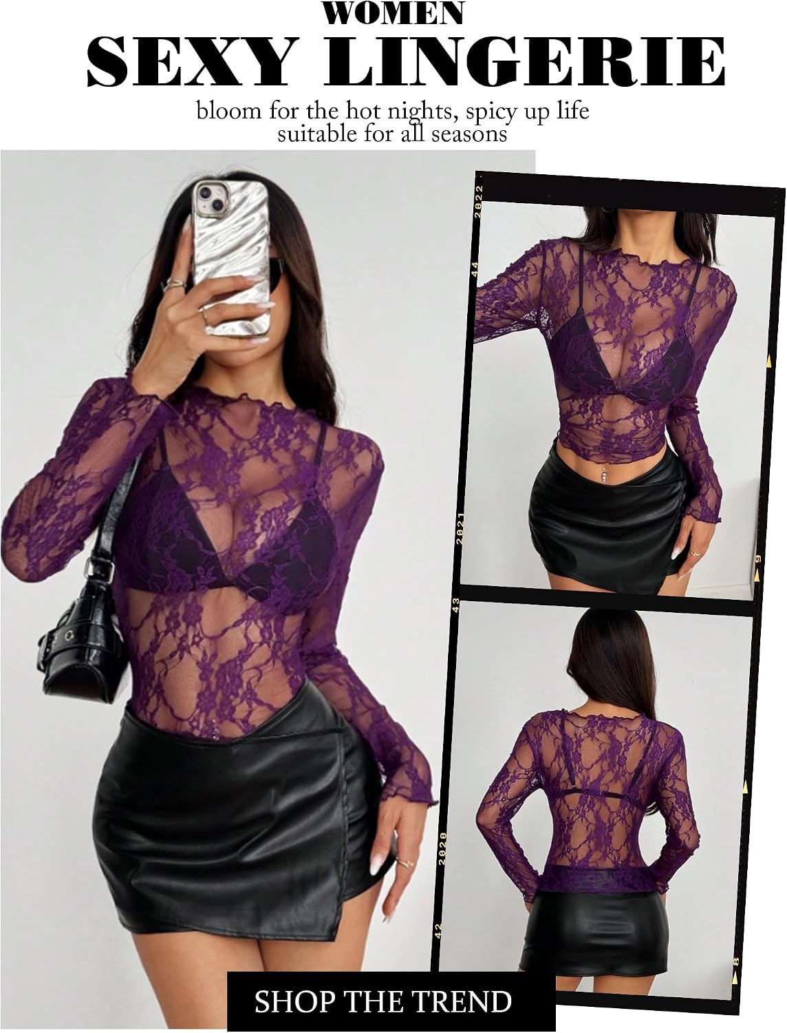 image:imageAvidlove Womens Mesh Top Long Sleeve Mock Neck Sheer Blouse See Through Floral Lace TopsDark Purple
