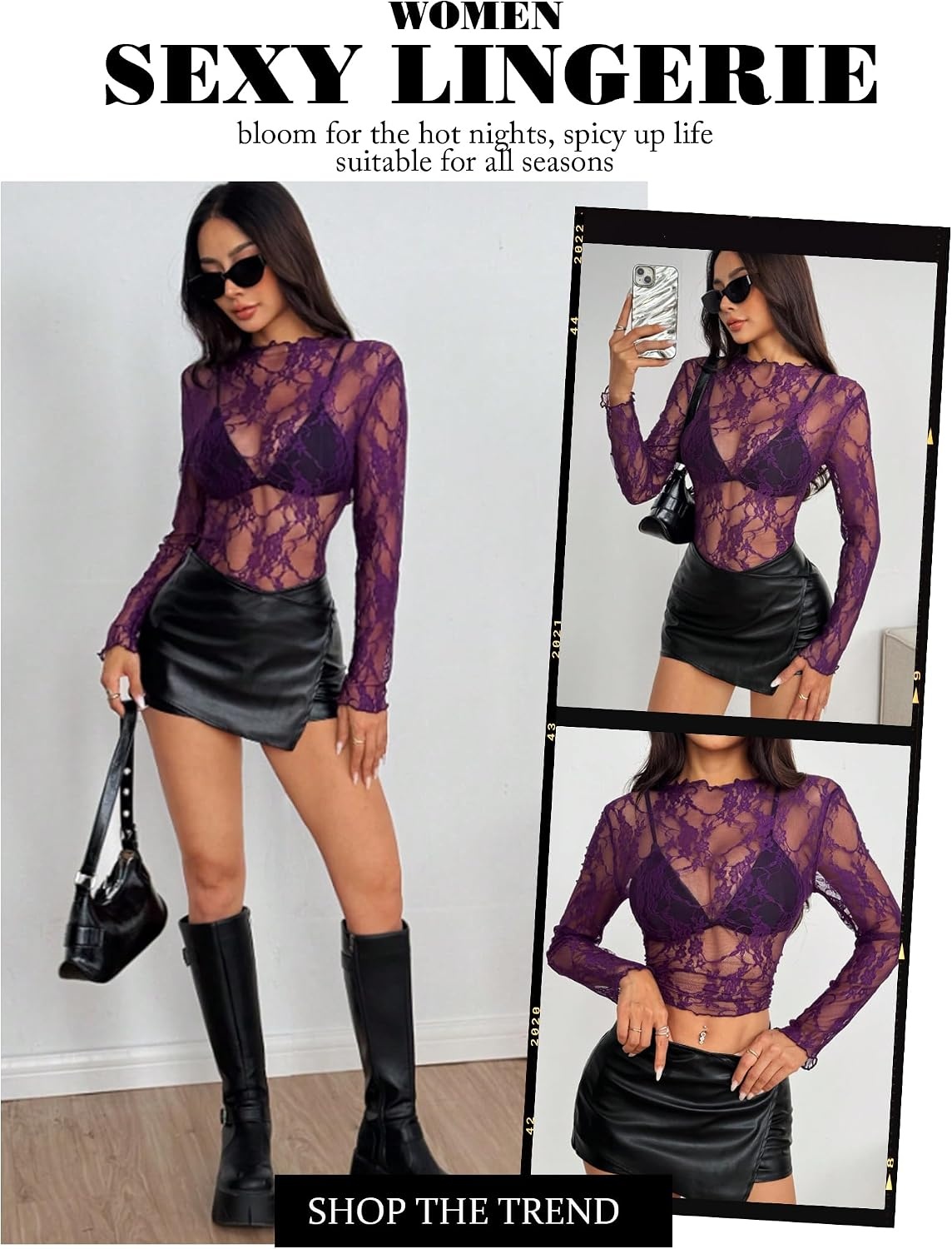 image:imageAvidlove Womens Mesh Top Long Sleeve Mock Neck Sheer Blouse See Through Floral Lace TopsDark Purple