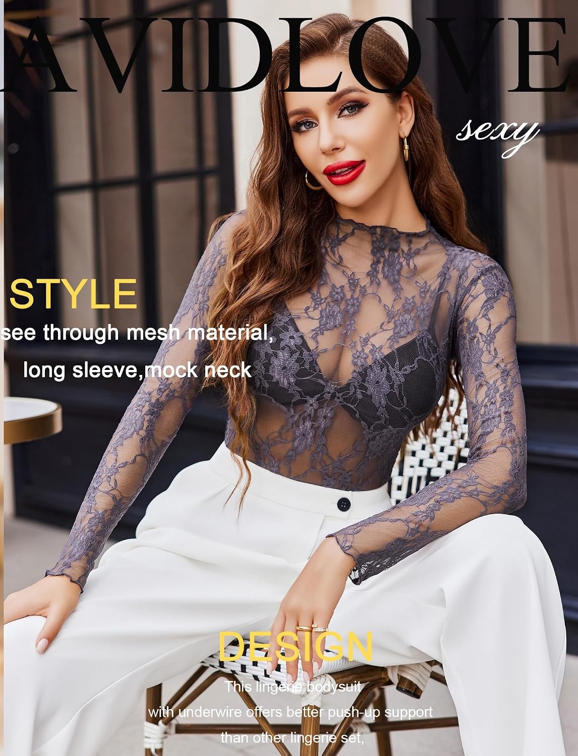 image:imageAvidlove Womens Mesh Top Long Sleeve Mock Neck Sheer Blouse See Through Floral Lace TopsGrey