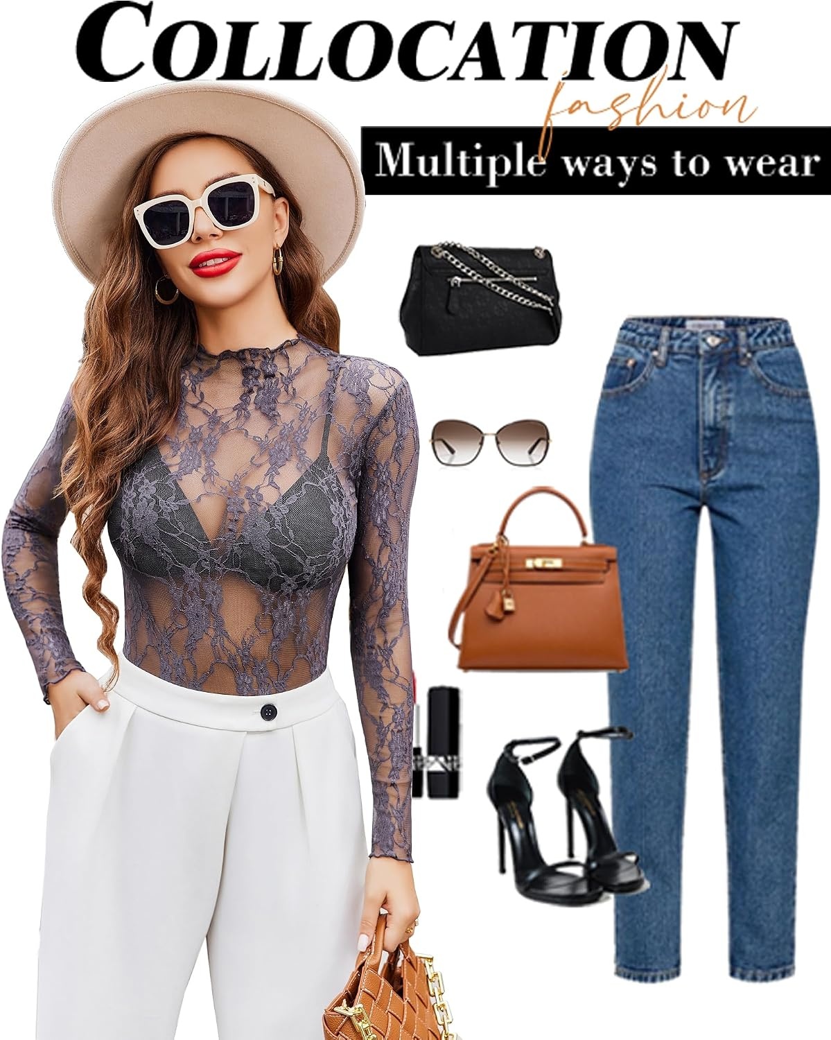 image:imageAvidlove Womens Mesh Top Long Sleeve Mock Neck Sheer Blouse See Through Floral Lace TopsGrey