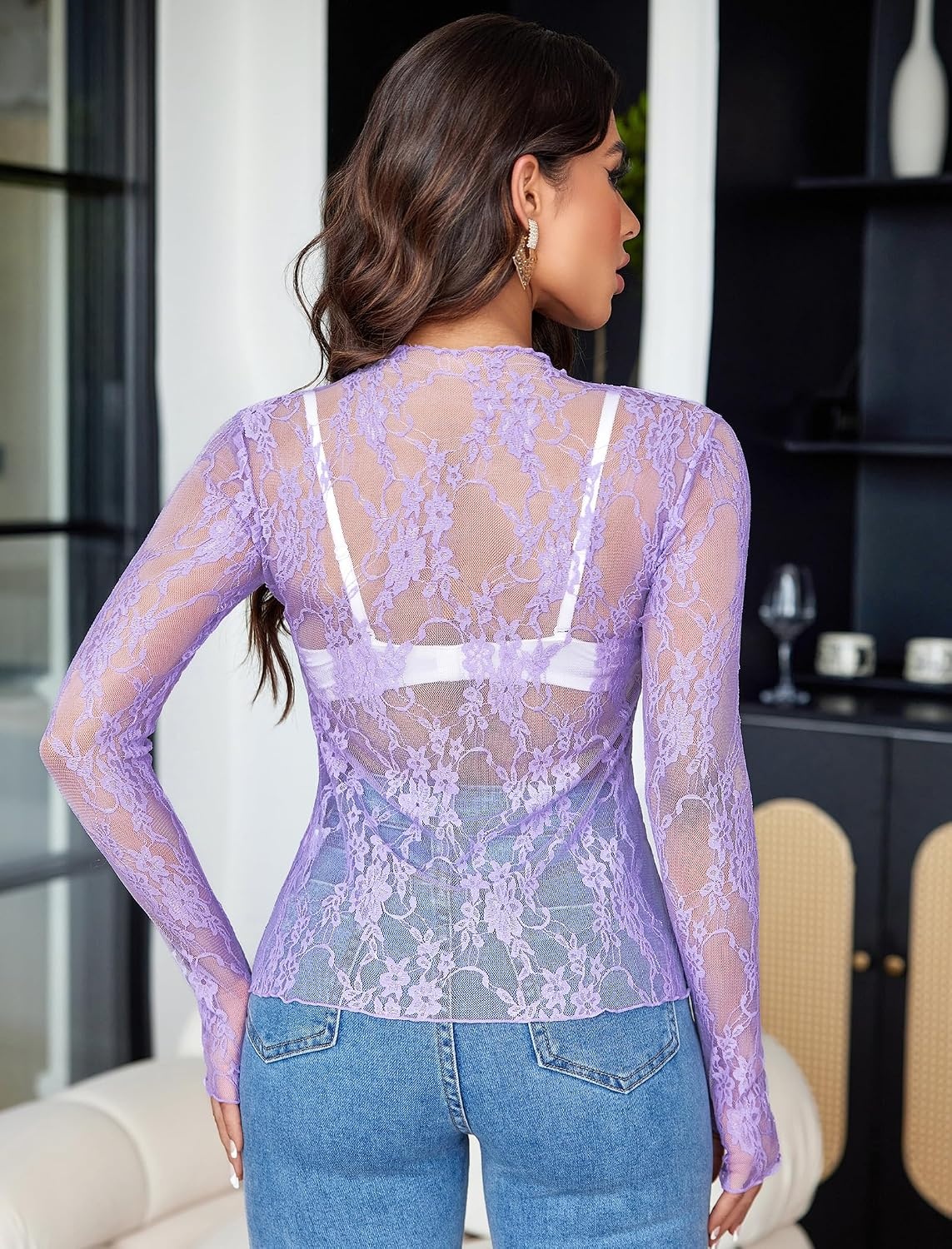 image:imageAvidlove Womens Mesh Top Long Sleeve Mock Neck Sheer Blouse See Through Floral Lace TopsLilac