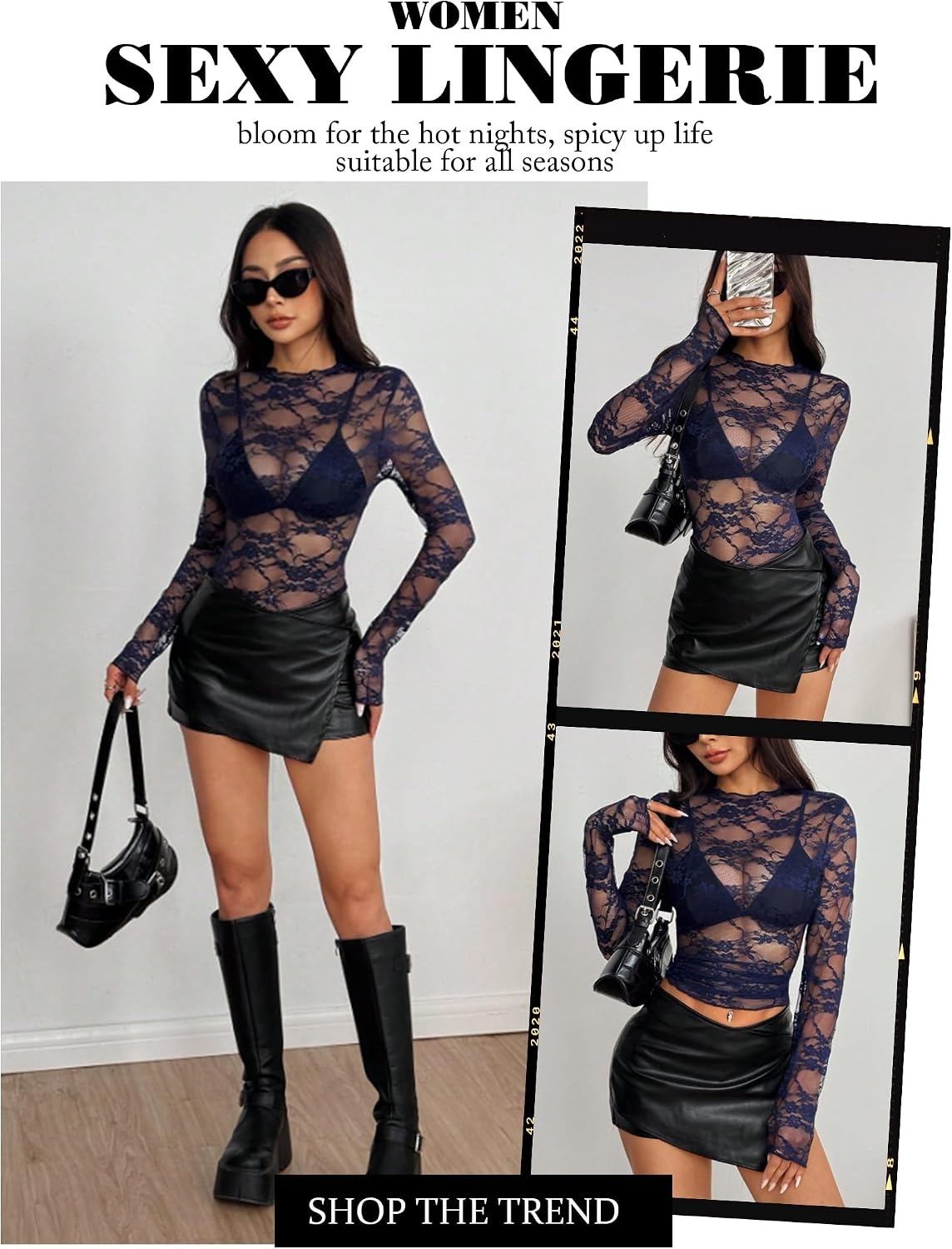 image:imageAvidlove Womens Mesh Top Long Sleeve Mock Neck Sheer Blouse See Through Floral Lace TopsNavy Blue