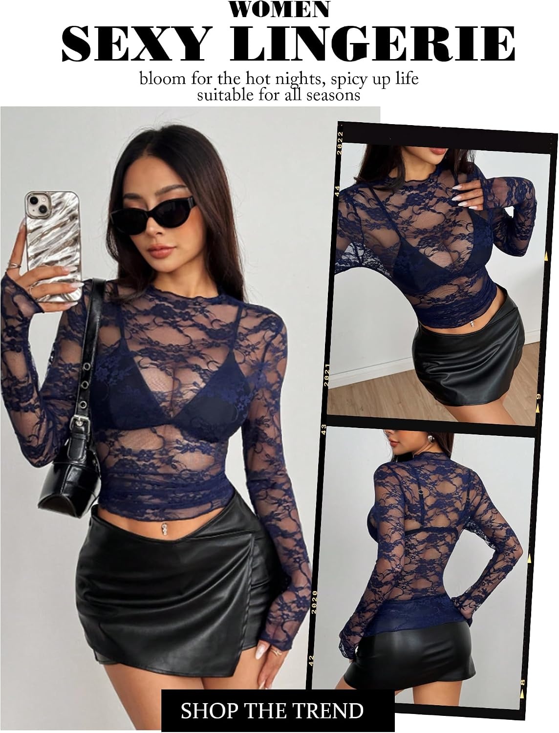 image:imageAvidlove Womens Mesh Top Long Sleeve Mock Neck Sheer Blouse See Through Floral Lace TopsNavy Blue