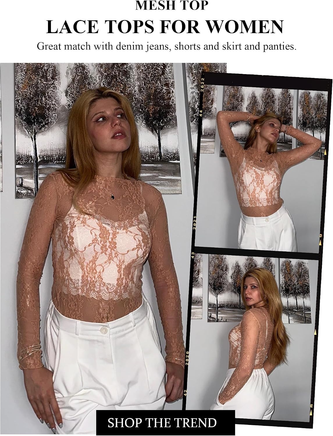 image:imageAvidlove Womens Mesh Top Long Sleeve Mock Neck Sheer Blouse See Through Floral Lace TopsNude