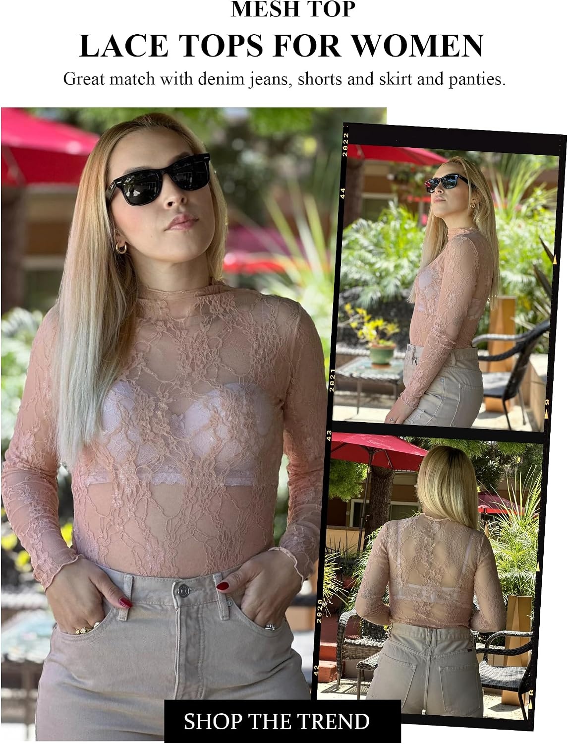 image:imageAvidlove Womens Mesh Top Long Sleeve Mock Neck Sheer Blouse See Through Floral Lace TopsNude