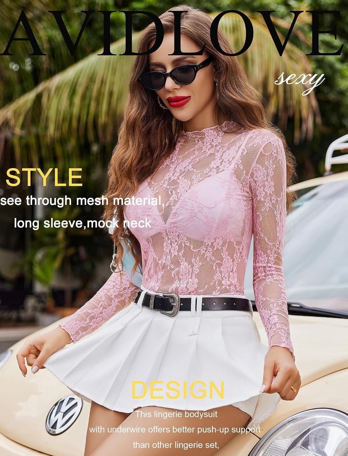 image:imageAvidlove Womens Mesh Top Long Sleeve Mock Neck Sheer Blouse See Through Floral Lace TopsPink