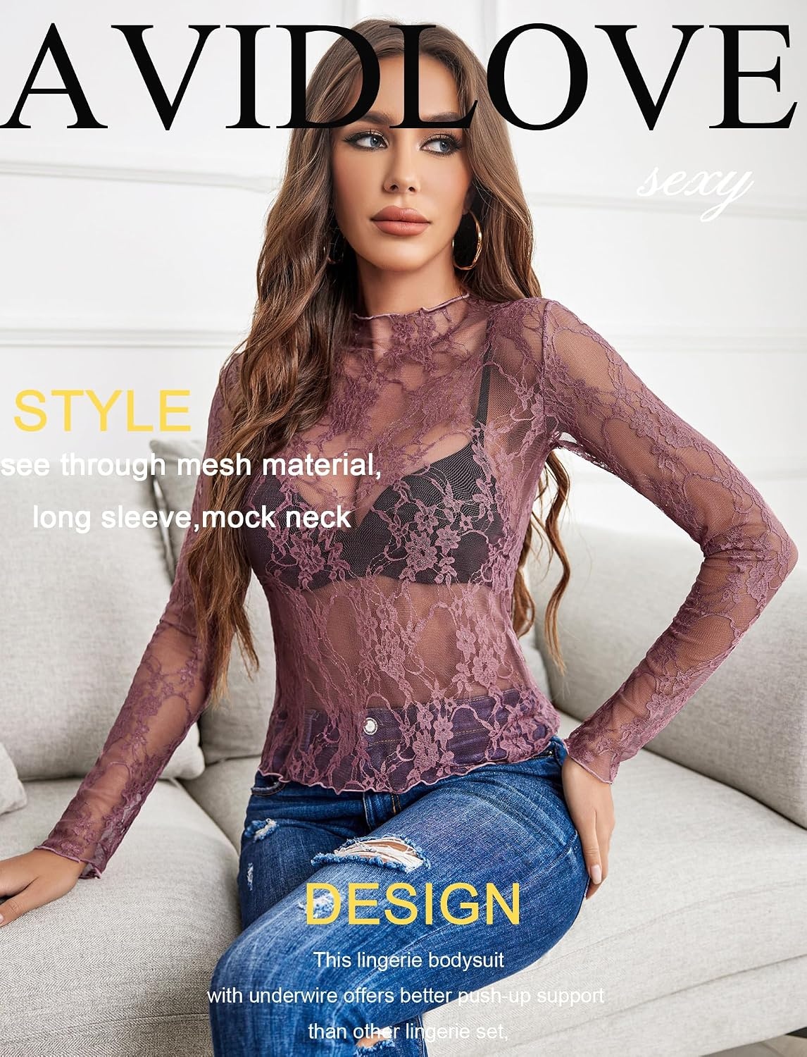 image:imageAvidlove Womens Mesh Top Long Sleeve Mock Neck Sheer Blouse See Through Floral Lace TopsPurple