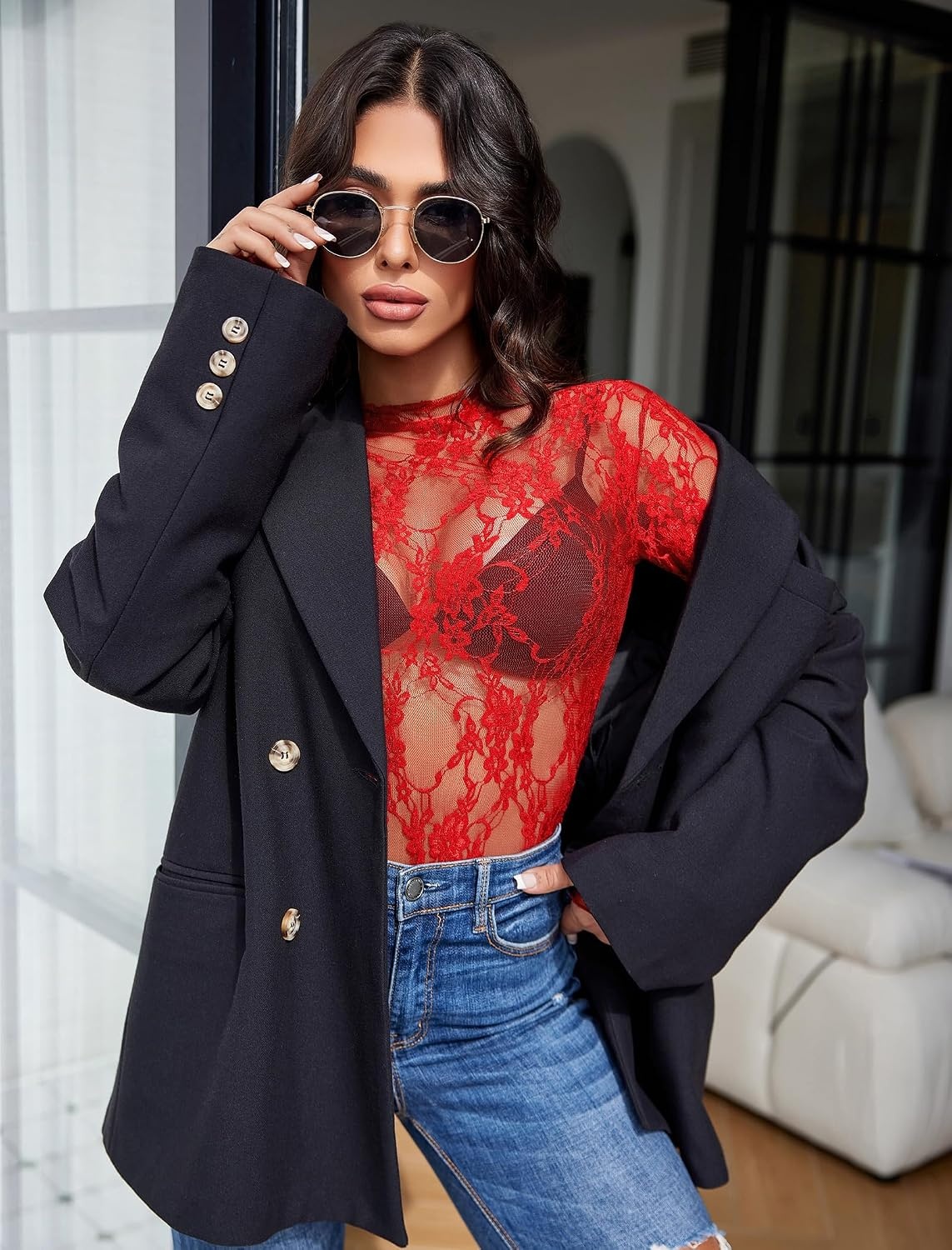 image:imageAvidlove Womens Mesh Top Long Sleeve Mock Neck Sheer Blouse See Through Floral Lace TopsRed