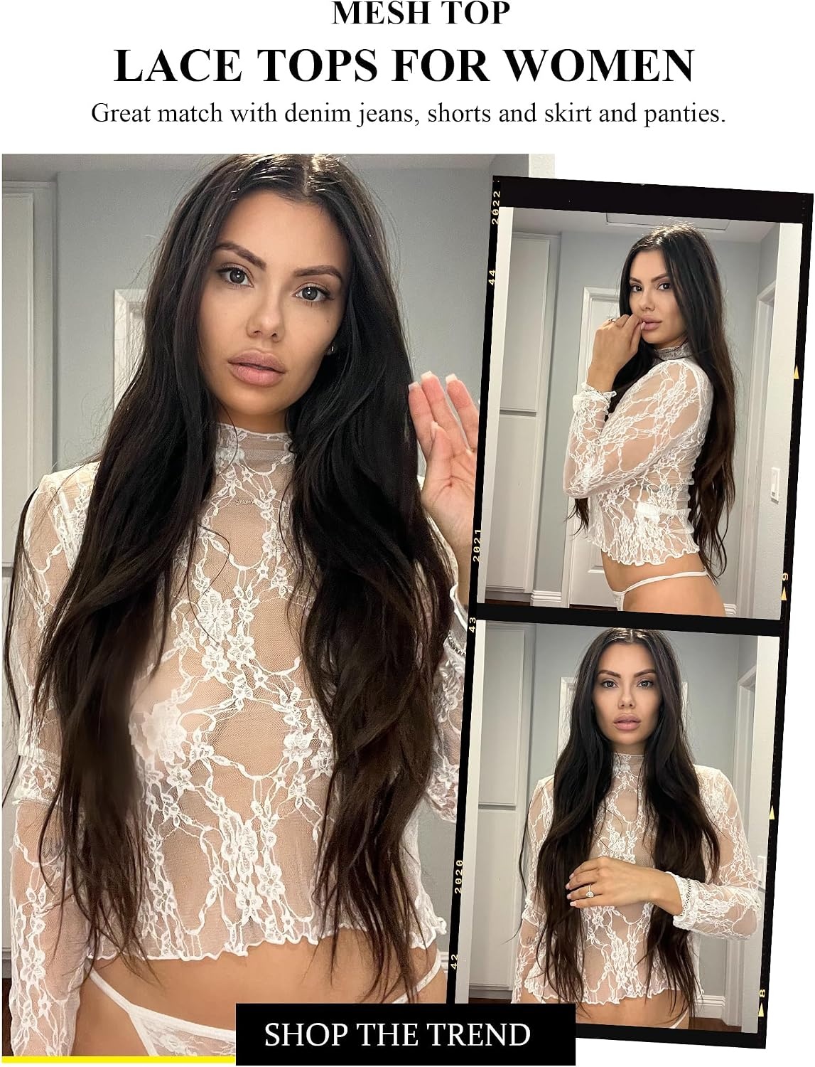 image:imageAvidlove Womens Mesh Top Long Sleeve Mock Neck Sheer Blouse See Through Floral Lace TopsWhite