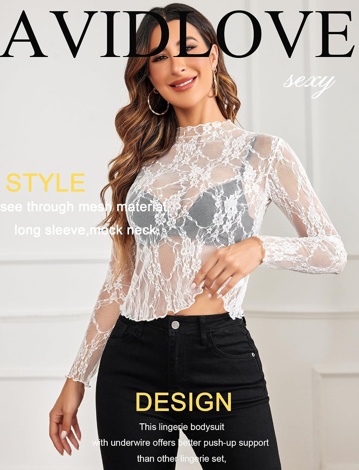 image:imageAvidlove Womens Mesh Top Long Sleeve Mock Neck Sheer Blouse See Through Floral Lace TopsWhite