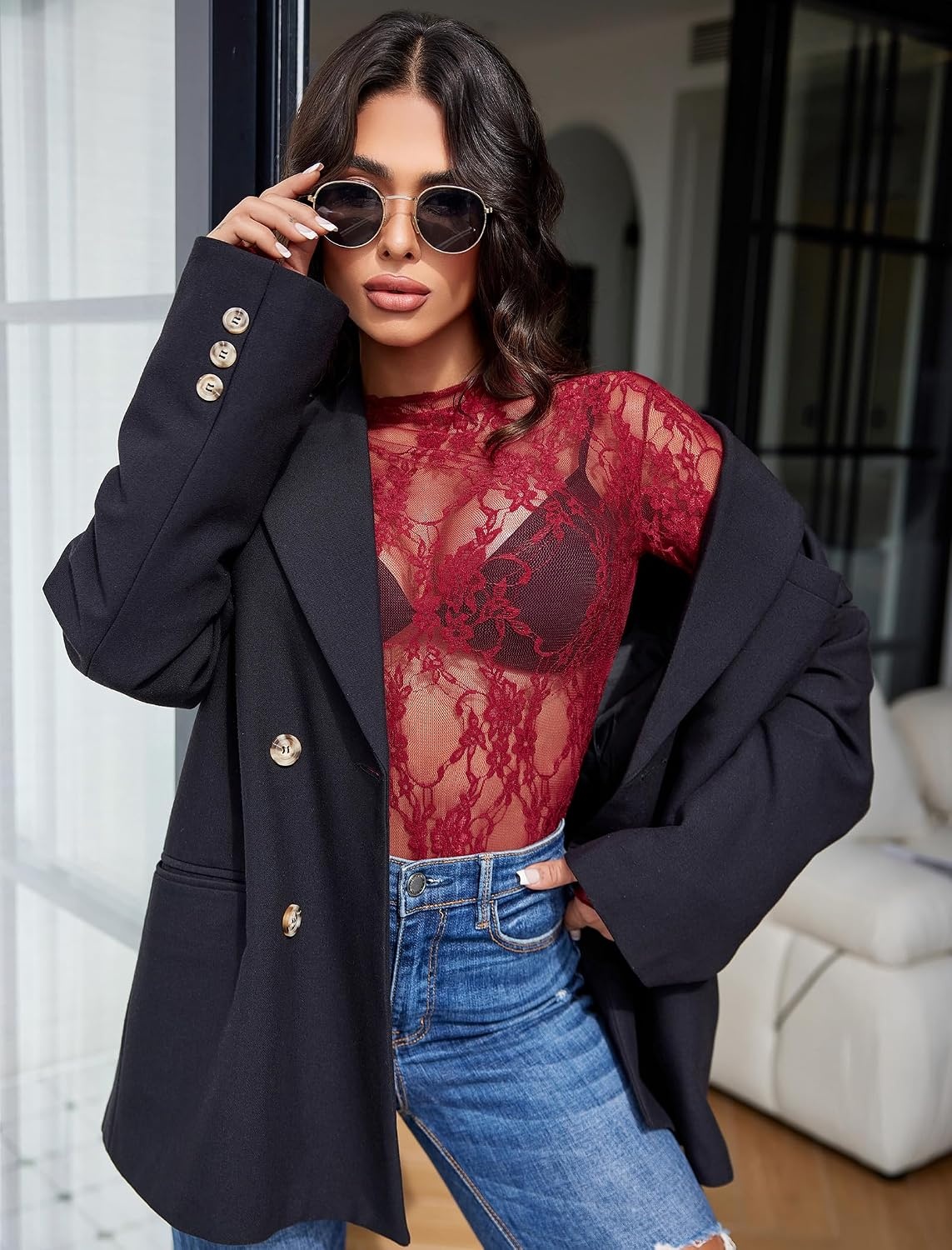image:imageAvidlove Womens Mesh Top Long Sleeve Mock Neck Sheer Blouse See Through Floral Lace TopsWine Red