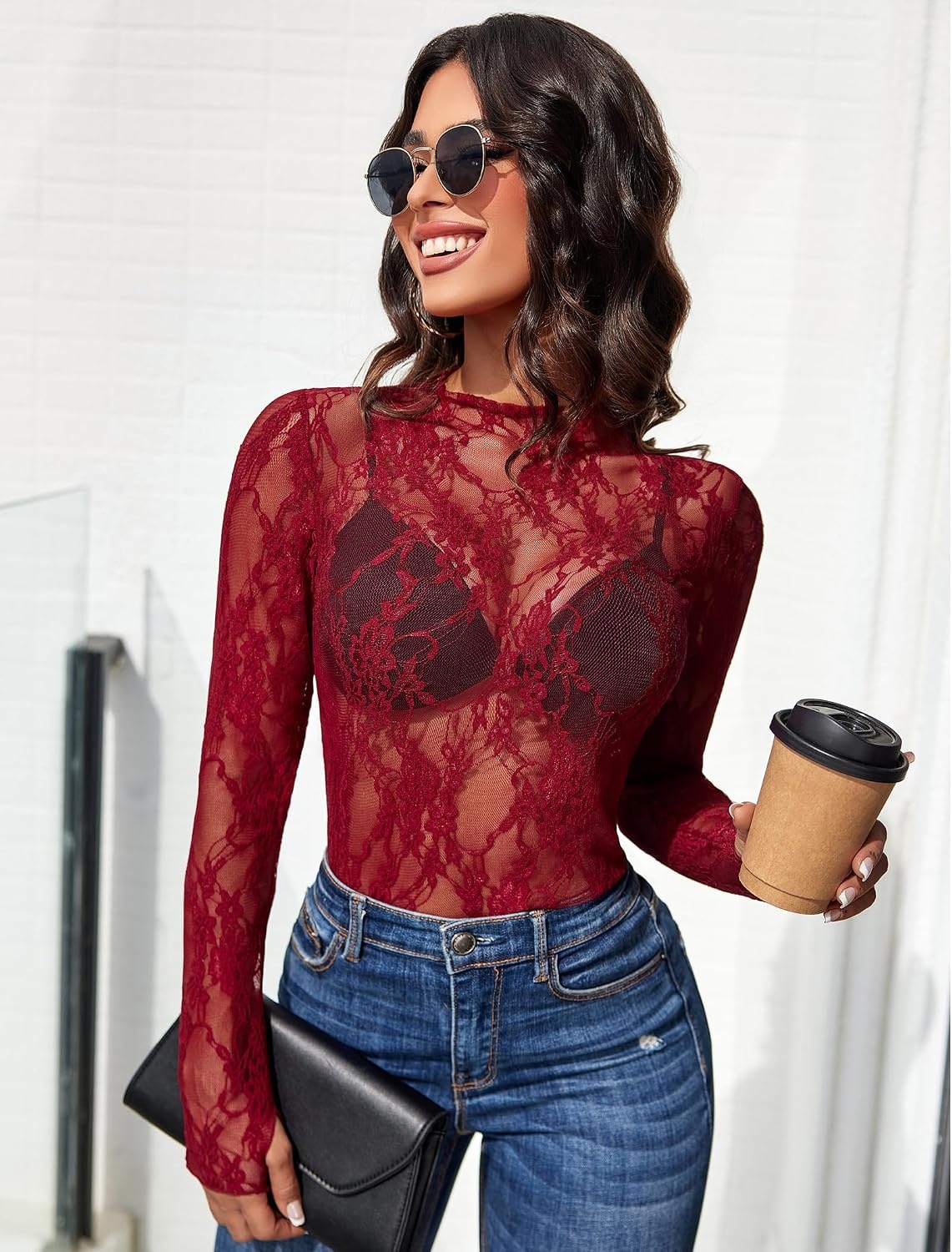 image:imageAvidlove Womens Mesh Top Long Sleeve Mock Neck Sheer Blouse See Through Floral Lace TopsWine Red