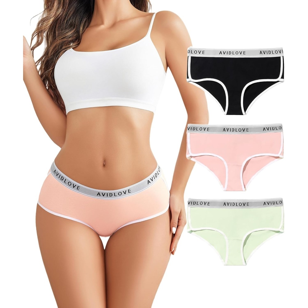 image:imageAvidlove Cotton Underwear for Women Hipster Panties Stretch Briefs Mid Rise Ladies Underpants MultipackBlackPinkGreen