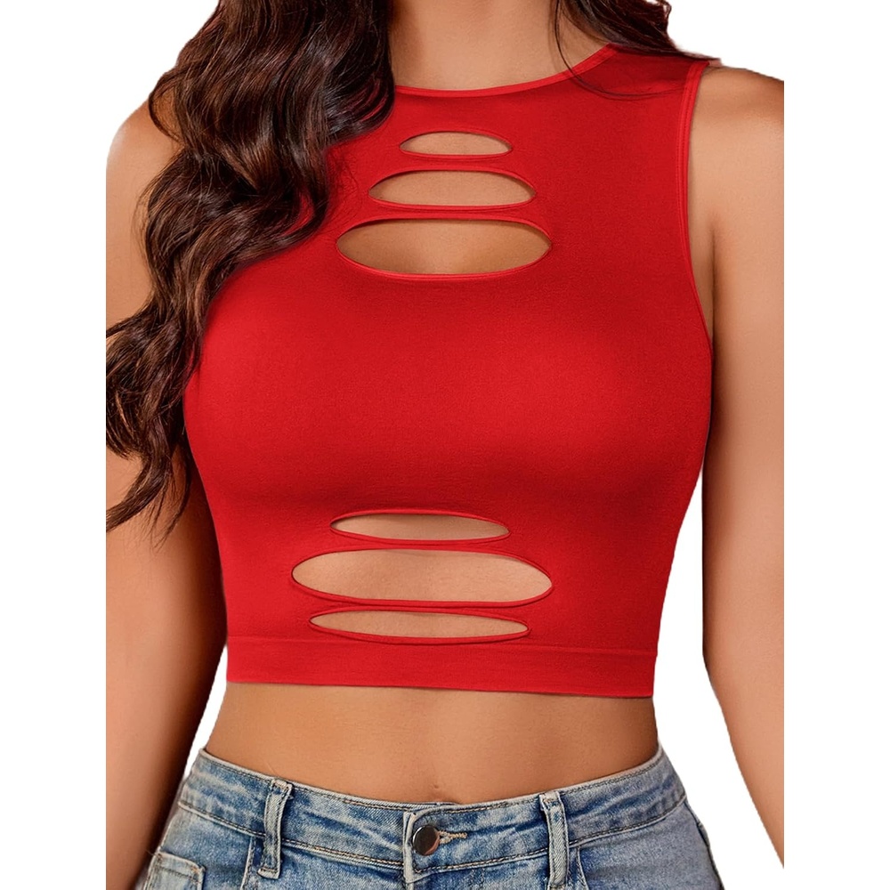 image:imageAvidlove Fishnet Top for Women Sexy Cut Out Crop Short Hollow Out Cropped Tank TopCarmine Red