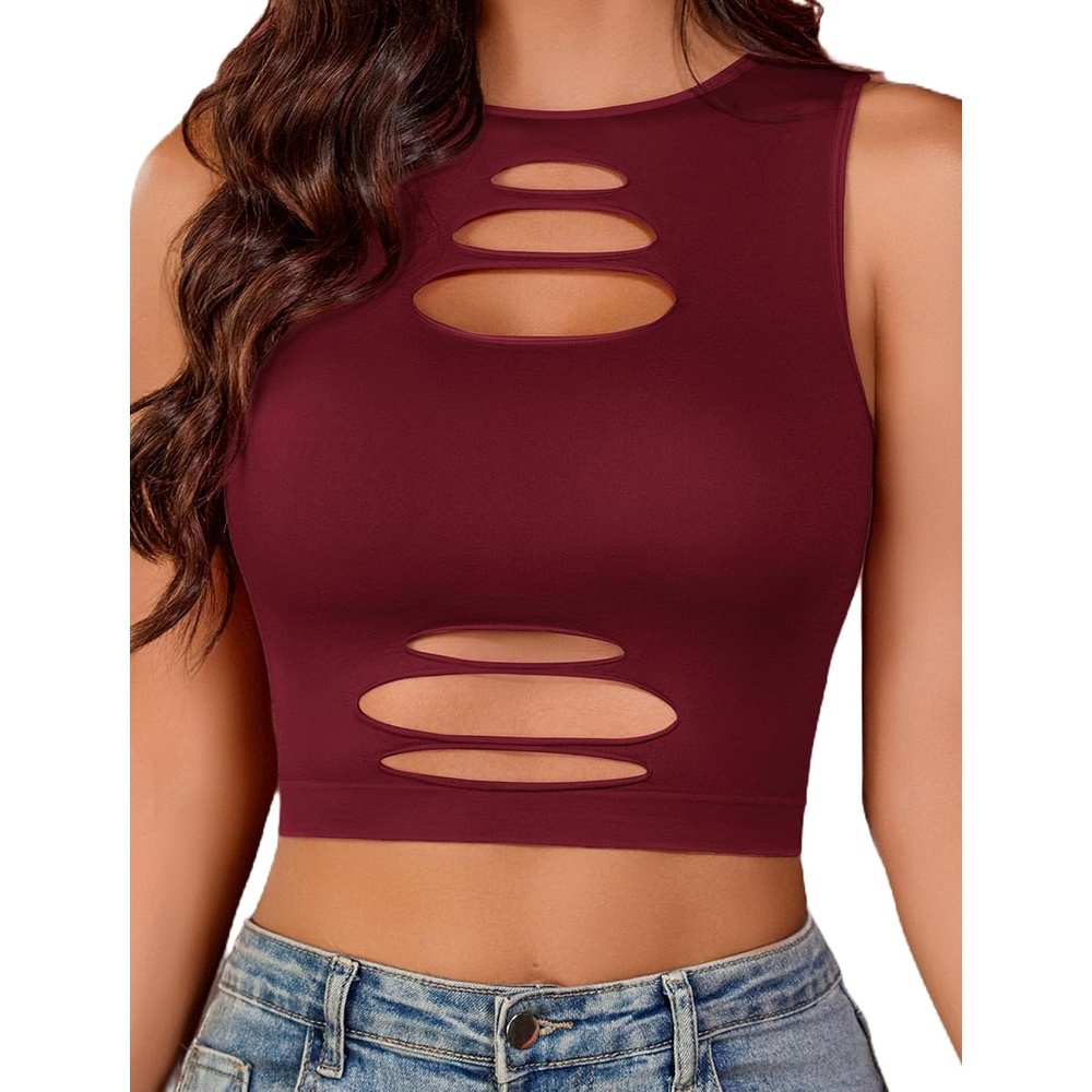 image:imageAvidlove Fishnet Top for Women Sexy Cut Out Crop Short Hollow Out Cropped Tank TopDark Red