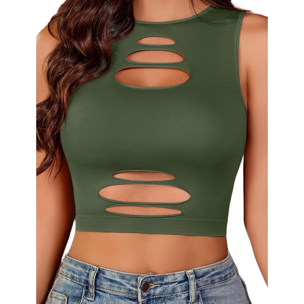 image:imageAvidlove Fishnet Top for Women Sexy Cut Out Crop Short Hollow Out Cropped Tank TopOlive Green