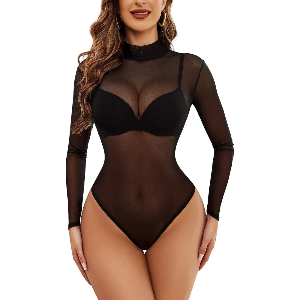 image:imageAvidlove Long Sleeve Bodysuit for Women Turtleneck Sheer Mesh Bodysuit Geo Print LeotardsBlack02