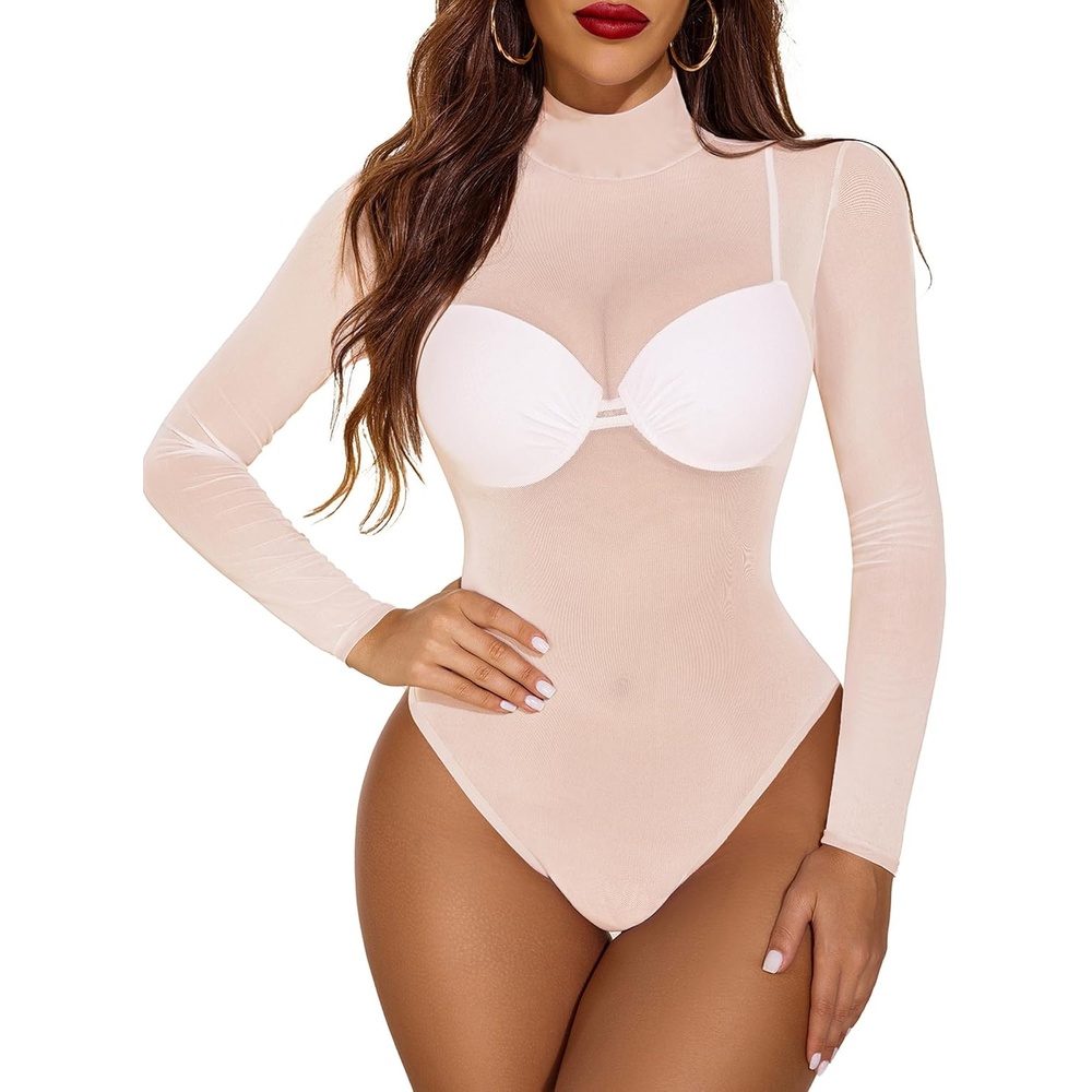 image:imageAvidlove Long Sleeve Bodysuit for Women Turtleneck Sheer Mesh Bodysuit Geo Print LeotardsChampagne