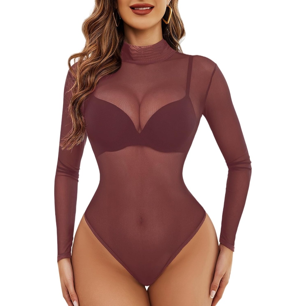 image:imageAvidlove Long Sleeve Bodysuit for Women Turtleneck Sheer Mesh Bodysuit Geo Print LeotardsDeep Purple Red