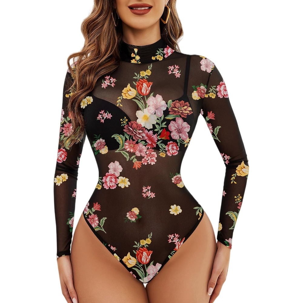 image:imageAvidlove Long Sleeve Bodysuit for Women Turtleneck Sheer Mesh Bodysuit Geo Print LeotardsMultifloral