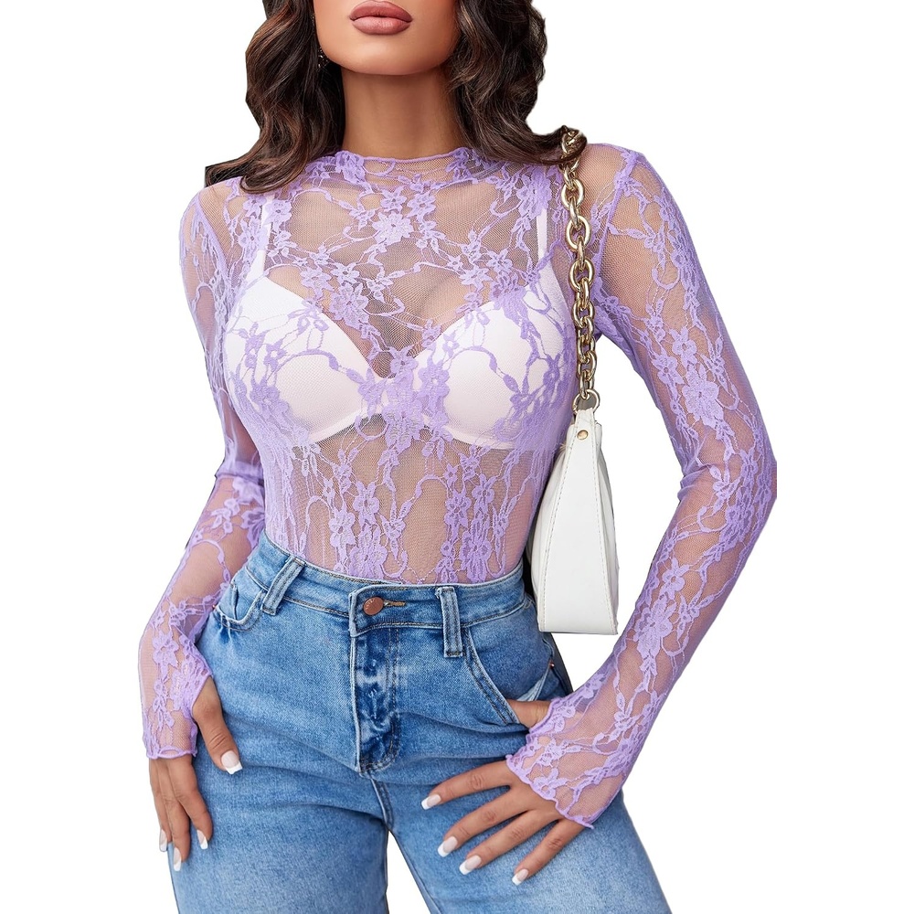 image:imageAvidlove Womens Mesh Top Long Sleeve Mock Neck Sheer Blouse See Through Floral Lace TopsLilac