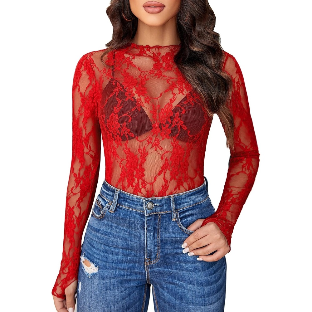 image:imageAvidlove Womens Mesh Top Long Sleeve Mock Neck Sheer Blouse See Through Floral Lace TopsRed
