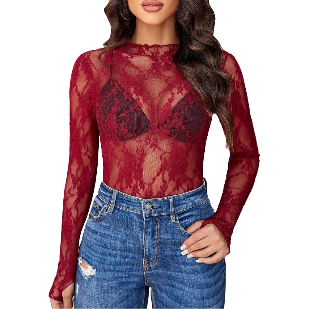 image:imageAvidlove Womens Mesh Top Long Sleeve Mock Neck Sheer Blouse See Through Floral Lace TopsWine Red