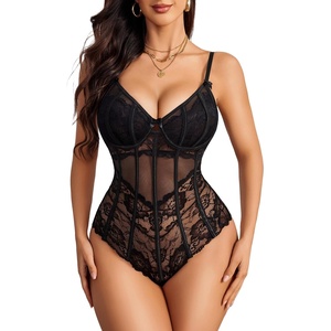 Avidlove Bodysuit for Women Sexy Lace Top One Piece Lingerie V Neck Mesh Tops Going Out Cami Naughty Push Up Body Suit(Black)