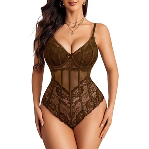 Avidlove Bodysuit for Women Sexy Lace Top One Piece Lingerie V Neck Mesh Tops Going Out Cami Naughty Push Up Body Suit(Brown)