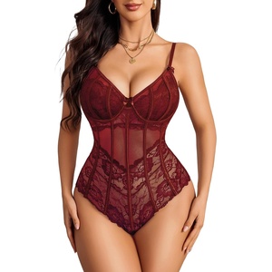 Avidlove Bodysuit for Women Sexy Lace Top One Piece Lingerie V Neck Mesh Tops Going Out Cami Naughty Push Up Body Suit(Dark Red)